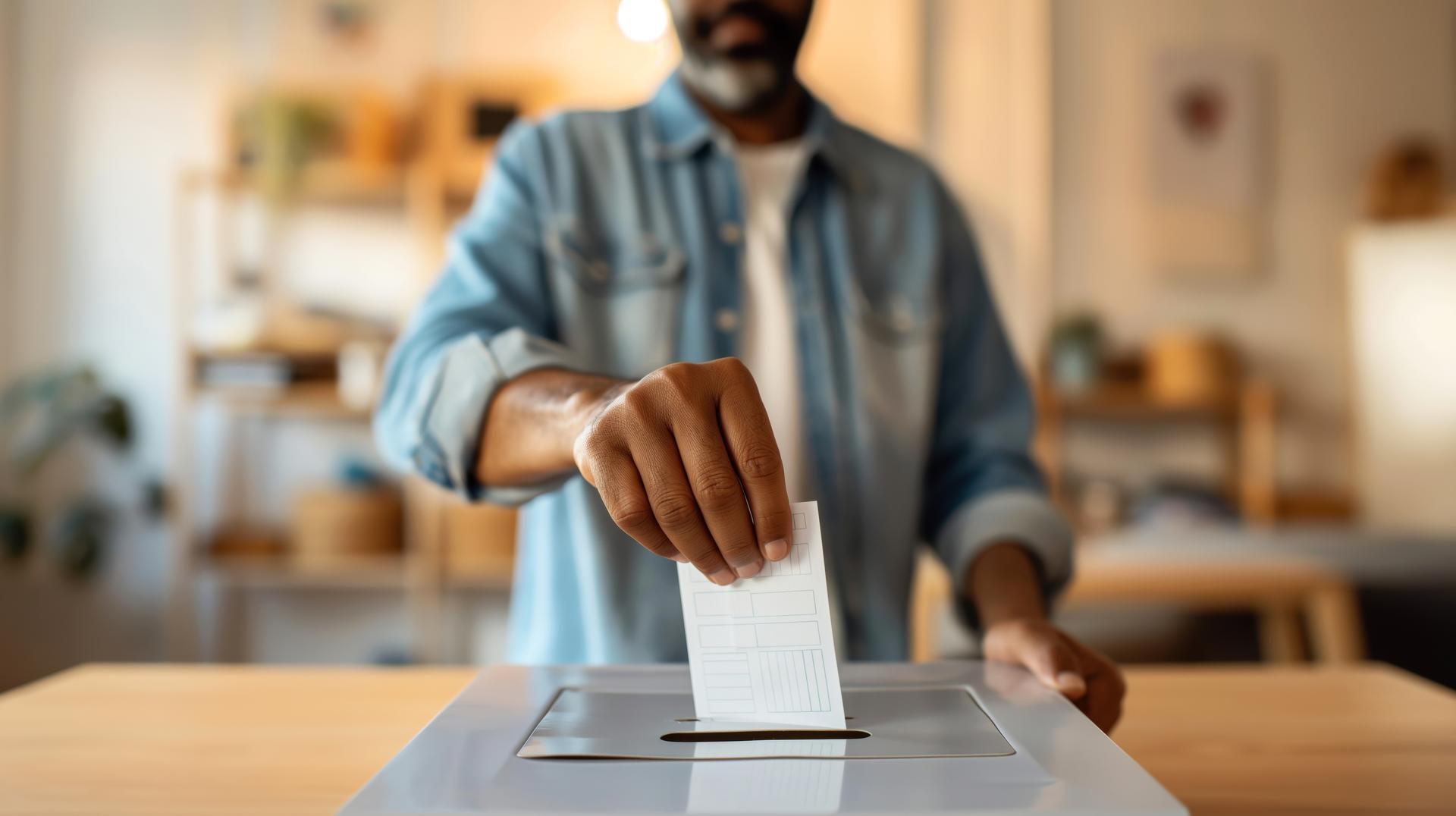 Voter placing ballot paper into translucent tamper-evident ballot box at a secure polling station